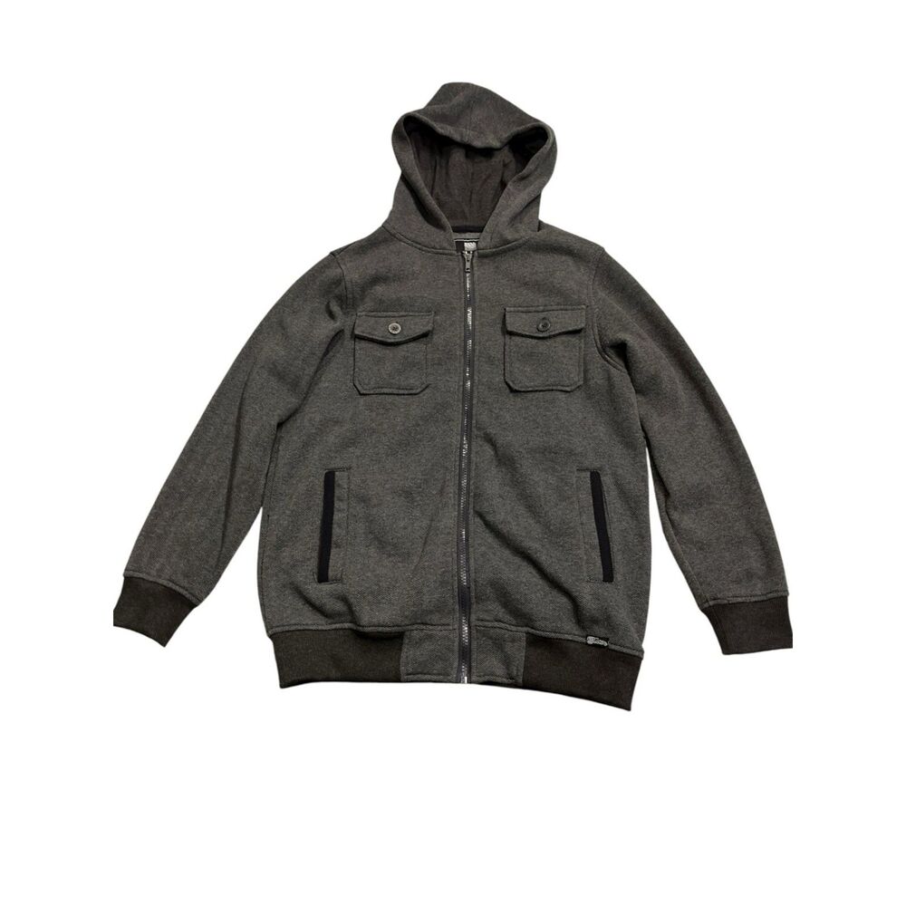 Elixir Men’s Medium Gray Herringbone Zip Up Hoodie Jacket Fleece Lined Full Zip